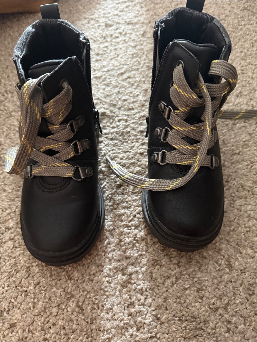 Kids Black Lace-Up Ankle Work Boots with Yellow and Gray Accent Laces